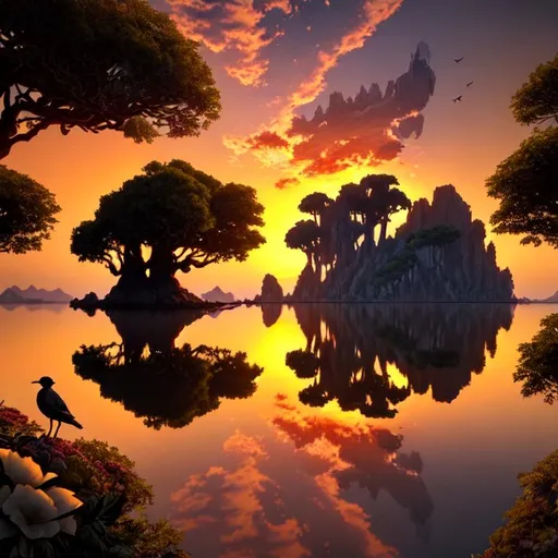 Prompt: Long distance shot, 3D, HD, Epic, stunning, breathtaking, {Skull Island} 
 reflecting off lake (trees, flowers, birds) silhouetted against a sunset, expansive  View, hyper realistic, uber detailed, 64k, high quality, sharp focus, studio photo, intricate details, highly detailed --s98500