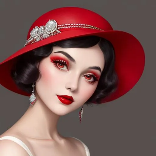 Prompt: a pretty girl  dressed in red, wearing a  large red hat 1920's era, bob hair cut, 1950's era makeup, facial closeup