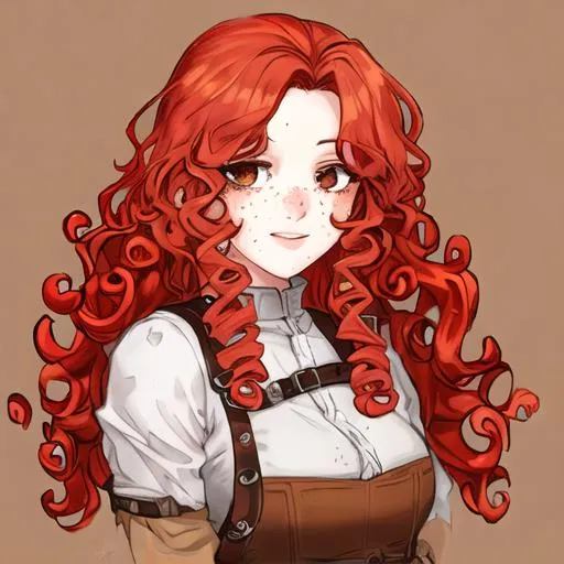 Prompt: Female, red curly hair, freckles, brown eyes