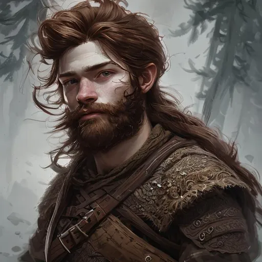 Prompt: portrait of a rugged ranger trainee, 19 years old, beard, male, masculine, full length body, red hair, long hair, soft hair, D&D, fantasy, intricate, elegant, highly detailed, digital painting, artstation, concept art, matte, sharp focus, illustration, art by Kerem Beyit