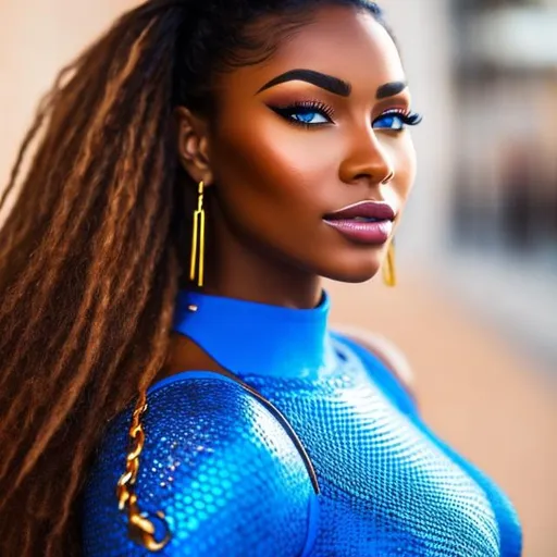 Prompt: An Attractive African American Women {Dark Skin, muscular, black hair with red highlights, freckles on cheeks, blue-within-blue colored eyes}, transparent clothing, Chainmail Bikini,
