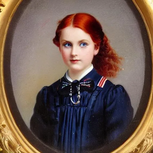 Prompt: Portrait of a beautiful Victorian girl with red hair and dark blue eyes wearing a dark blue school uniform