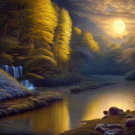 Prompt: a detailed matte paintingf of a beautiful river lit by the moon, by david A Hardy, national geographic photo, terragen style