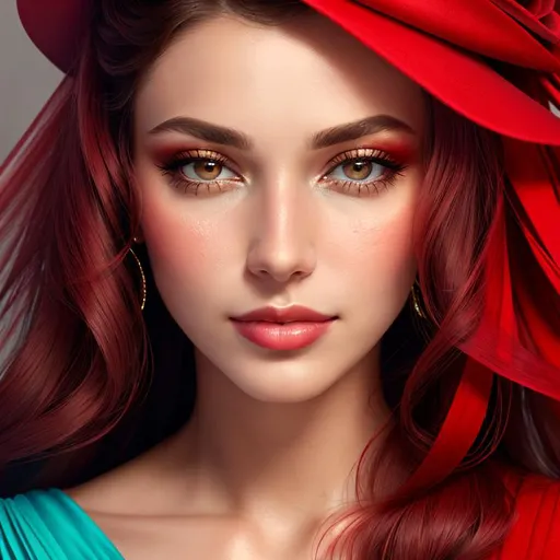 Prompt: Beautiful ethereal woman. color scheme of tuquoise and red. facial closeup