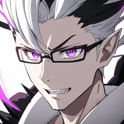 Prompt: Male (spiky black hair and white hair) (Purple eyes) (elf ears) (sharp teeth) (gold framed eyeglasses with a gold color), UHD, 8K, highly detailed, insane detail