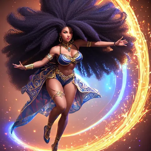 Prompt: Vocal goddess stylized, UHD, hd , 8k, 3d rendered , Very detailed, panned out view with whole character in from, Markers, oil painted, long hair with tight  afro curls, Chocolate skinned female  celestial being character, poses in action stance, echoing movements , magic light following her movements, HD, 3D rendered, Hair caught in aggressive breeze infused with electricity and lightening, curling tightly, scaly shiny leather kimono Mistress  styled dress, Gritty Fantasy character, sharp expressive facial features, Defiant smirk, hand near face,  she makes it rain weapons of types.