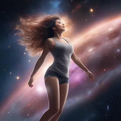 Prompt: hyper realistic,  highly detailed face and, hyper realistic, highly detailed full body image of a buxom woman, falling through space, galaxies, nebulas, stars