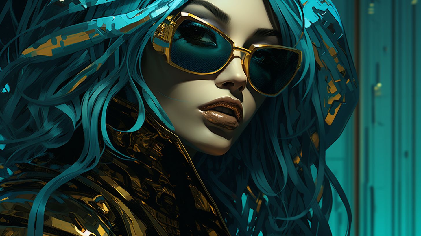 Prompt: rap star katia hua digital artist, in the style of retro-futurism, close-up, dark turquoise and light bronze, 32k uhd, hyper-detailed illustrations, cybergoth, dynamic color schemes