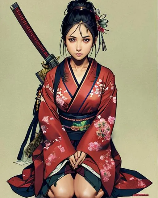 Prompt: (((Yoji Shinkawa))), sticker of ultra detailed portrait of Naomi Scott in japanese kimono,Kanzashi head accessories, high quality cell shaded illustration in post apocalyptic style by Yoji Shinkawa,(((sitting kneeling pose))), ((zoomed in face)),  (((katana))), (((Detailed hands))),perfect anatomy, centered, freedom, soul, blue and pink long hair, approach to perfection, cell shading, 4k , cinematic dramatic atmosphere, watercolor painting, global illumination, detailed and intricate environment, artstation, concept art, fluid and sharp focus, volumetric lighting, cinematic lighting, Art by Yoji Shinkawa and by Ilya Kuvshinov 
