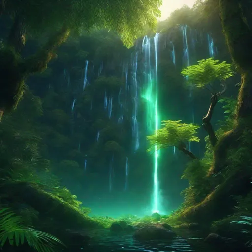 Prompt: Envision a glowing waterfall in a lush forest. Fantasy, another dimension. Hyperrealistic, UHD, HD, 8K