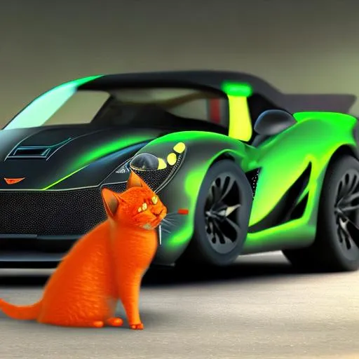 Prompt: Orange ninja cat in a sports car, photorealistic, unreal engine 5, RTX, ray tracing, fine detail fur, glowing eyes, in a neon green corvette