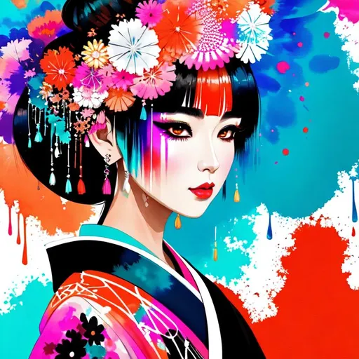 Prompt: A woman wearing an intricate kimono, digital watercolor painting, paint drips, paint splatter, bold brush strokes, dark skin, bright colors on white background, teal orange pink black white color pallette, symmetrical 