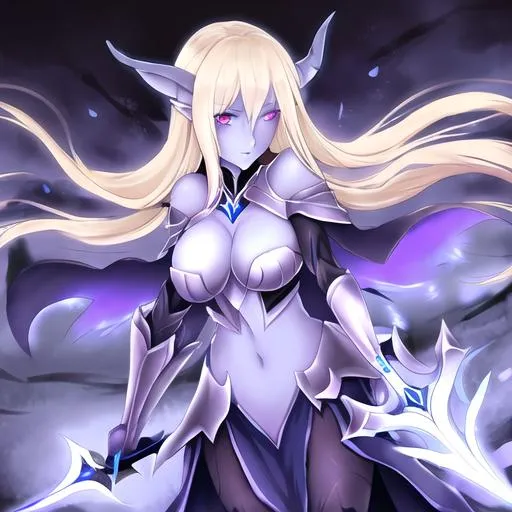 Prompt: blond hair glowing eyes female void elf death knight two handed sword in ground 