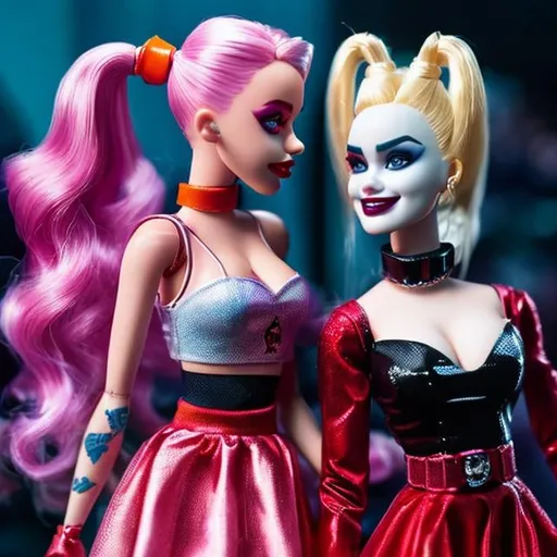 Prompt: Harley Quinn and barbie seeing each other for the first time , realistic. Barbie in a pink dress and Harley in her black a red outfit.