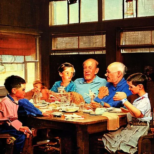 Prompt: family table mom dad  holding hands with 3 kids painted Norman Rockwell style
