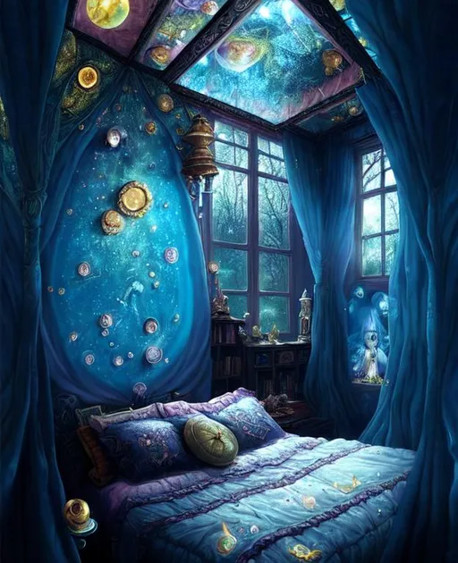 Prompt: A magical sparkling bedroom that makes your dreams true when you sleep. By Gediminas Pranckevicius, Philipp A. Urlich, Laura Hollingsworth, Jacek yerka, Ivan Bilibin, Catrin Welz-Stein. Whimsical, iridescent.