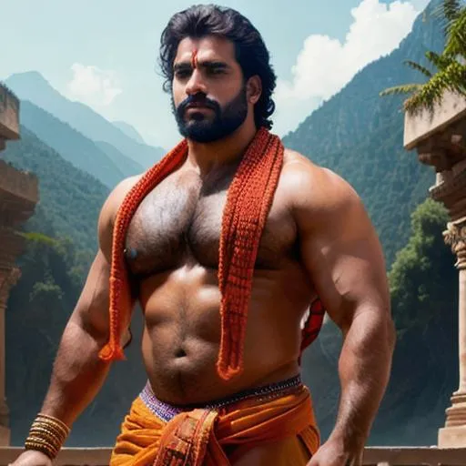 Prompt: scene of hyperreal beautiful "handsome" hunk with sensual rage face, indian mythology, very hairy pecs and "sensual calves", "dhoti", shawl, arena, perfect composition, hyperrealistic, super detailed, 8k, high quality, trending art, trending on artstation, sharp focus, studio photo, intricate details, highly detailed, by greg rutkowski
