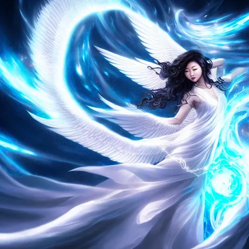 Prompt: Splash art of an Asian angel woman in a white dress, curly hair, being pulled into a wormhole, cosmic background with stars, hands glowing with cosmic magic, heroic fantasy art, cinematic shot, highly detailed, HD Optane render
