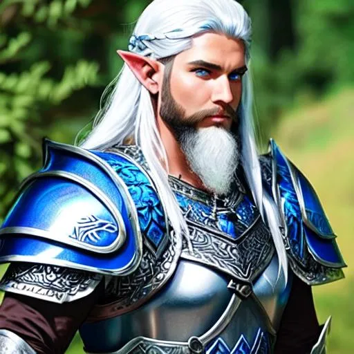 Prompt: An Elven barbarian wearing blue and silver Viking/Roman style chain mail armor with a white and blue tunic, with blue skin from Argyria. white hair, green eyes, long white viking beard.