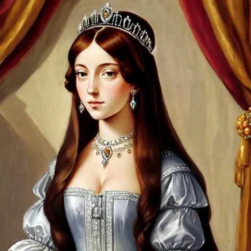 Prompt: Royal Queen Katherine Howard, aged1 6, beautiful , with dark hair and eyes, wearing a tiara and beautiful jewels, 16th century