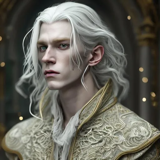 Prompt: Cinematic, 8K HD 3D portrait of beautiful albino male, portrait of noble wizard, pale beautiful face, grey stunning eyes, extra long white hair, elegant green wizard clothes, intricate, detailed, charming male, light contrast, noble, perfect anatomy, perfect male beauty, golden ratio