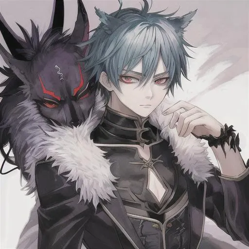 Prompt: Demon anime boy with a wolf boy 
