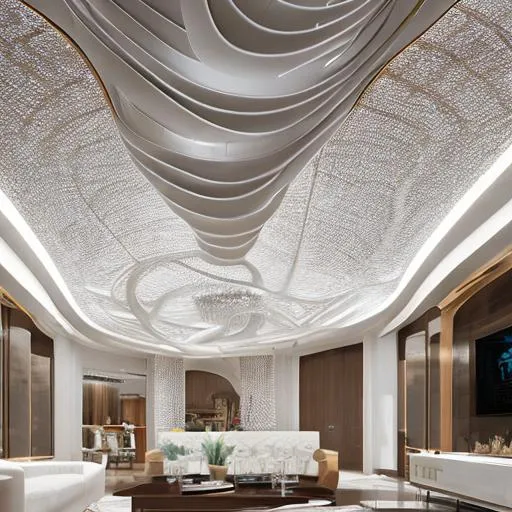 Prompt: interior living room architecture, curved futuristic shapes, white marble, wood and copper furnitures, intricate curved pattern ceiling ./photoreal, zaha hadid, vray