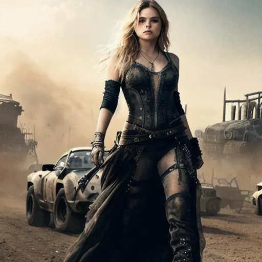 Prompt: chloe grace moretz,  mad max, apocalyptic background, beautiful hair, dark fantasy, mystical, intricate, highly-detailed, elegant, dramatic lighting, gorgeous face, lifelike, photorealistic face, long luxurious lace gown, digital painting, artstation, illustration, concept art, smooth, sharp focus, art by Jude Palencar, Luis Royo, John Collier and Albert Aublet and Krenz Cushart and Artem Demura and Alphonse Mucha