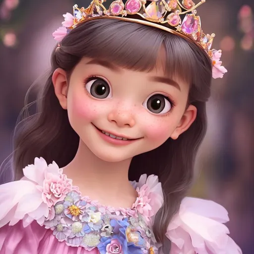 Prompt: A girl who is kind and likes flowers. She is a queen and has an authoritative look in her eye but a polite smile, she is wearing a flower tiara, 64k.