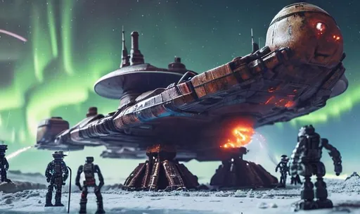 Prompt: huge old rusty spaceship getting repaired  by robots ice planet sparks fire welding people working aurora many colours   guard drinking milk enhance detail turret on spaceship real soldier thin landing gears 