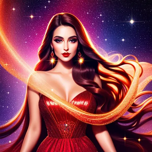 Prompt: Beautiful woman, long straight hair, red lips, wearing an intricate sparkling gown, ethereal, luminous, whisps, stars, glowing, trails of light, sparkles, 3D lighting, fantasy, galaxy, sunset