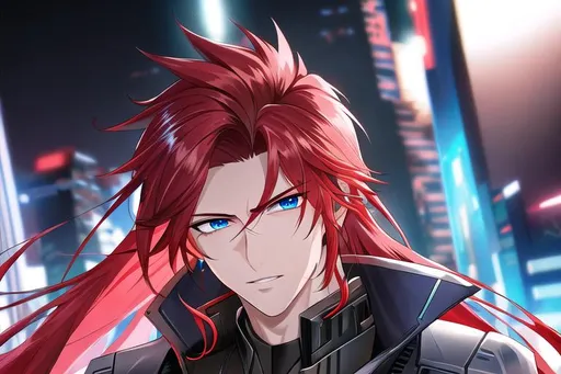 Prompt: Zerif 1male (Red side-swept hair falling between the eyes, sharp and sassy blue eyes), highly detailed face, 8K, Insane detail, best quality, UHD, handsome, flirty, muscular, Highly detailed, insane detail, high quality. cyberpunk