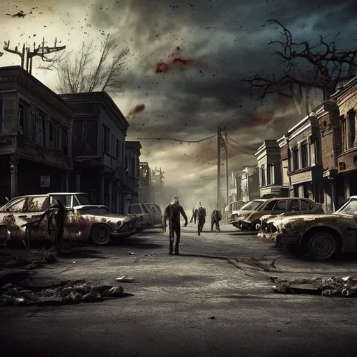 Prompt: Photo in a 
zombie -Apocalyptic town, 
with houses and cars
