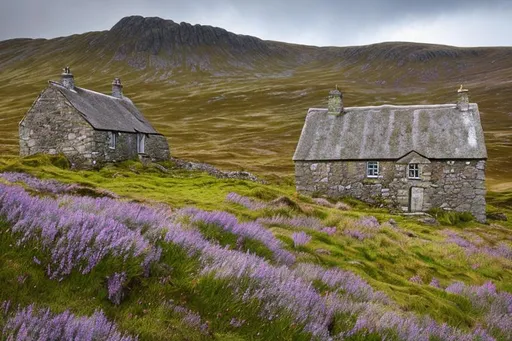 Prompt: ruined cottage on scottish moor, mountains, heather, muirhead bone, 8K resolution, analogous colors, intricately detailed