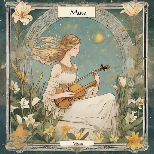 Prompt: Tarot card, storybook artstyle, beauiful human, "The Muse", music notes , lillies