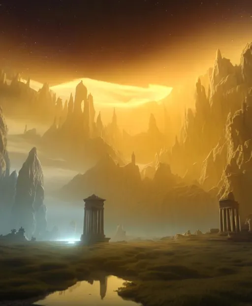 Prompt: Ethereal landscape from a different universe, with pillars of light, super realistic