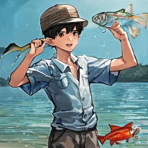 Prompt: Boy catching fish 
