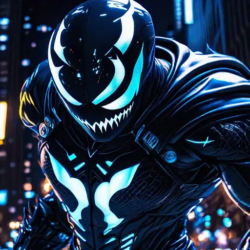Prompt: Close-up shot of Moon Knight cyberpunked as superhero with Venom Symbiote suit in New York city, 8k, HD, night theme, neon color 