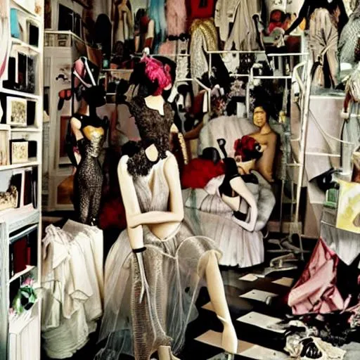 Prompt: Vogue fashion editorial beauty story model schaparielli Dora Marr Maggie Maurer mountain of clothes floor to ceiling. Hoarders house. Collectibles. Beauty. Dada. mannequins. White pug. MOMA. Peggy Guggenheim. Venice. New York. London. Paris. Milan. Dali. Absolutely fabulous. Christian Dior. 
