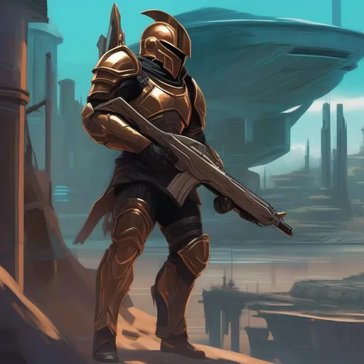 Prompt: Whole body. Full figure. From distance. A scifi hoplite with a bronze and black scifi armor and an helm. Spartan helm covering his face. He wields a rifle. In background a underwater city. Rpg art. Anime art. Image art.  2d art. 2d.