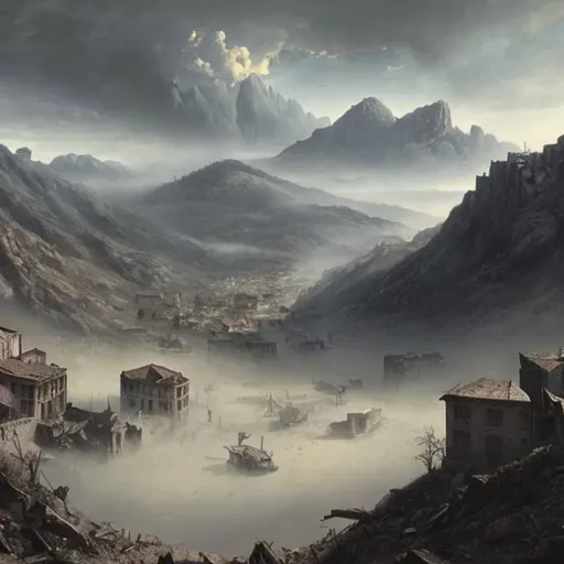 Prompt: Please create a valley of the damned. A war torn battlefield filled with mist and destruction. Mountains in the background, 1800s, Panoramic, 4k, realism 