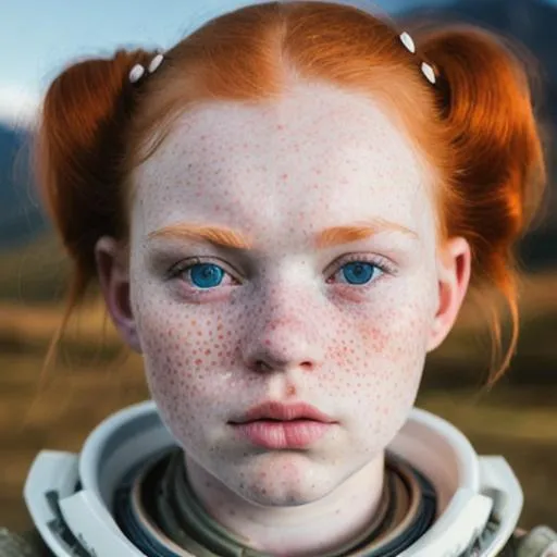 Prompt: RAW photography, Analog style, full shot, full body shot, war girl, 18 years old, gorgeous oval face, tiny micro freckles, small nose, juicy lips, pointy chin, redhead ginger, big blue eyes, plump, in the mountains, hyperrealistic space 8k 18+ shot of the day beautiful epic high resolution