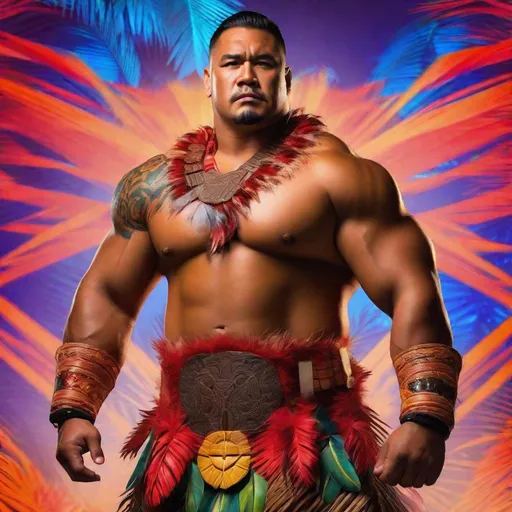 Prompt: Handsome Samoan big beefy man, Samoan-style native battle gear, vibrant colors, Polynesian background, hyperrealistic