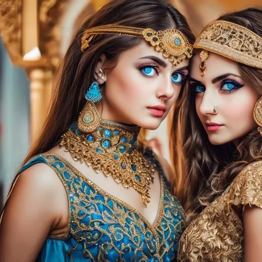 Prompt: Young hot women with blue eyes and Arabian jwellery in gold and blue dress
