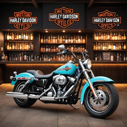 Prompt: create images of harley davidson motorcycles in different colors parked in front of a bar for the t=shirt design