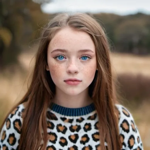 Prompt: young pretty girl with freckles, grey blue eyes and wearing a leopard jumper