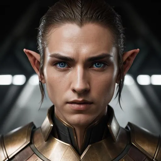 Prompt: highly detailed realistic photograph of a very sharp-featured male elf character in a sci-fi setting, symmetrical face, ideal features, 85mm lens, f8, photography, ultra details, natural light, light background, photo, Studio lighting