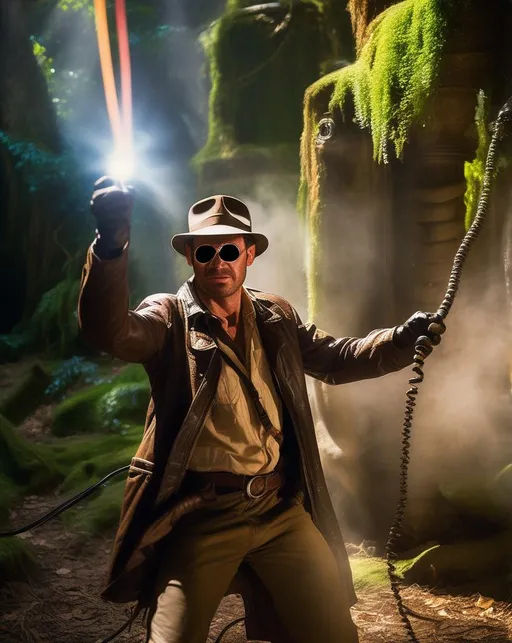 Prompt: An action scene of Indiana Jones, a rugged ((steampunk)) explorer in goggles and leather coat cracking a glowing energy whip to fight off animatronic robots in an ancient jungle temple, reminiscent of Indiana Jones. The temple is overgrown with vines and moss with sunlight streaming through cracks in the stone. Shot with a Nikon D6 with a 24-70mm lens to capture the motion and detail. The lighting is contrasty and dramatic. The mood is exciting, cinematic, and full of gritty texture. In the style of Dave McKean.