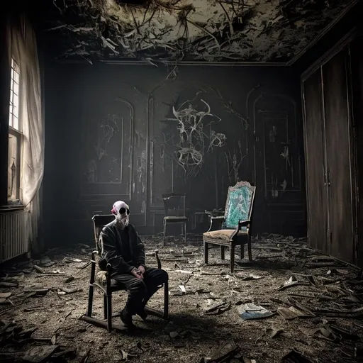 Prompt: Man sitting on a chair in a dark and abandoned room, with scary surroundings, satanic and esotheric