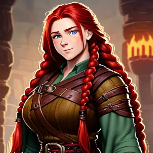 Prompt: Photo of an attractive female dwarven woman, with long wild red hair, with small braids, with a thick full extremely muscular body, with broad shoulders, with wide hips, bodybuilder, wearing natural linen robes, wearing a thick leather belt, wearing heavy leather boots, with a cute thick friendly face, with big friendly hazel eyes, looking happy and confident, holding a very very tall dwarven war axe